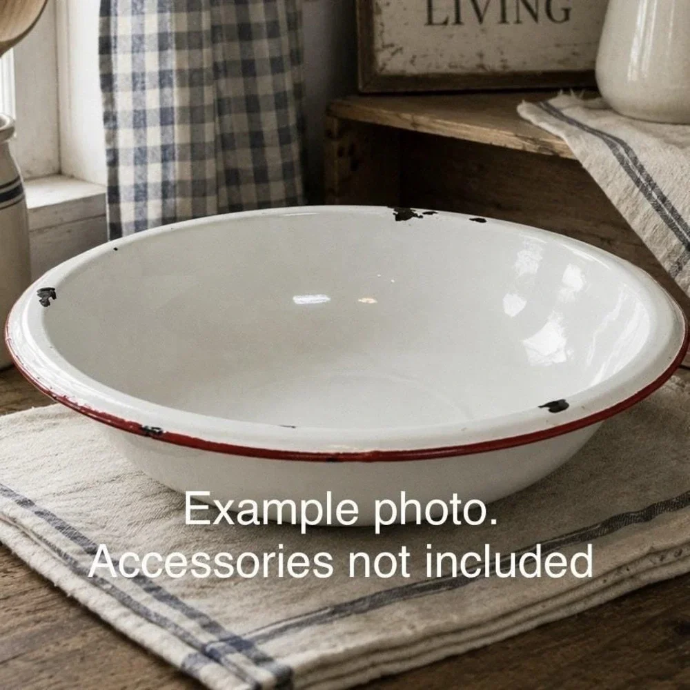 Vintage Enamel Wash Basin White Red Rim Farmhouse Country Primitive 12.5